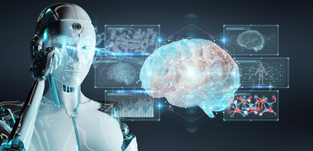 White man humanoid on blurred background creating artificial intelligence 3D rendering