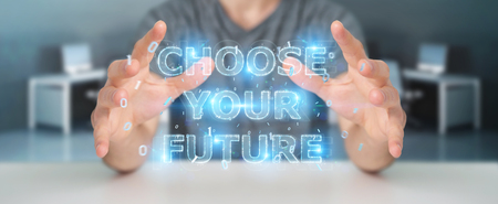 Businessman on blurred background  using future text interface 3D renderingの写真素材