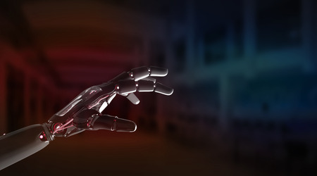 Red robot hand pointing finger on dark background 3D renderingの写真素材