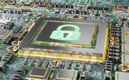 Close-up view of a modern GPU card circuit with cyber security activated