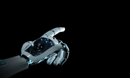 Intelligent robot machine pointing finger on dark background 3D renderingの写真素材