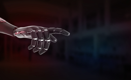 Red robot hand pointing finger on dark background 3D renderingの写真素材
