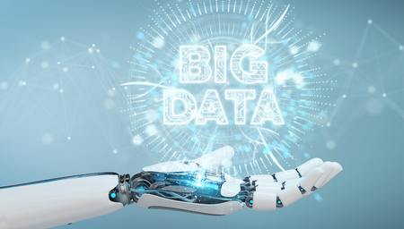 White humanoid hand on blurred background using Big Data digital hologram 3D renderingの写真素材
