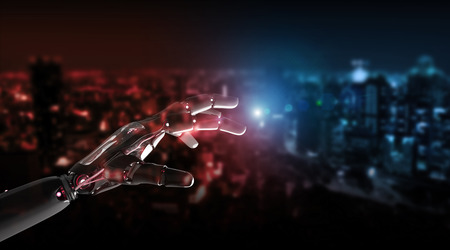 Red robot hand pointing finger on dark background 3D renderingの写真素材
