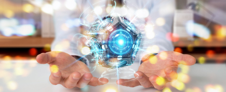 Businessman on blurred background using futuristic drone security camera 3D renderingの写真素材