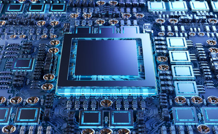 Close-up view of a modern GPU card with circuit and colorful lights and details 3D rendering