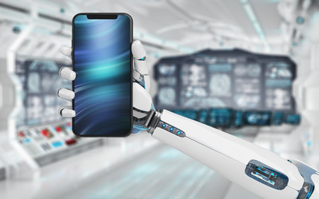 White robot hand holding modern smartphone mockup on tech background 3d renderingの写真素材