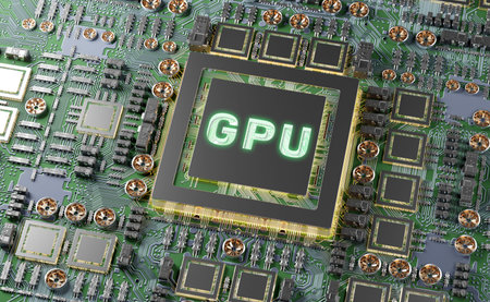 Close-up view of a modern GPU card with circuit and colorful lights and details 3D rendering