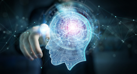 Businessman on blurred background creating artificial intelligence 3D renderingの写真素材