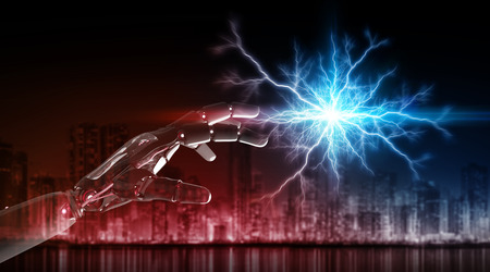 Red robot hacking an electric system on dark background 3D renderingの写真素材