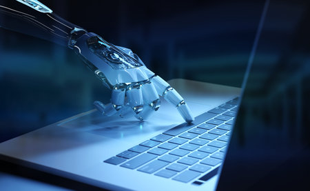 Cyborg hand pressing a keyboard on a laptop in dark blue background 3D rendering