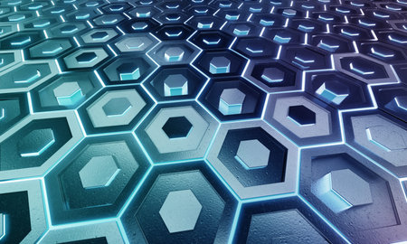 Glowing black and blue abstract hexagons background pattern on silver metal surface 3D rendering