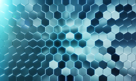 Glowing black and blue abstract hexagons background pattern on silver metal surface 3D rendering