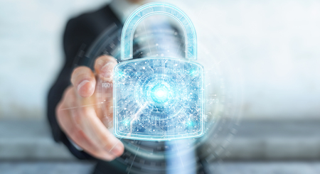 Web security protection interface used by businessman on blurred background 3D renderingの写真素材