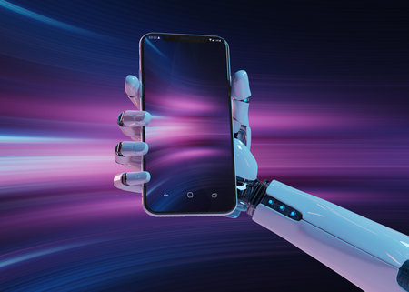 White robot hand holding modern smartphone mockup on pink blue background 3d rendering