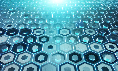 Glowing black and blue abstract hexagons background pattern on silver metal surface 3D rendering