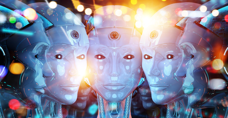 Group of female robots heads close to each others cyborg army concept 3d renderingの写真素材