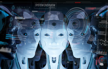 Group of female robots heads using digital hologram screens interface 3d rendering