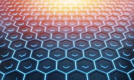 Glowing black blue and orange hexagons background pattern on silver metal surface 3D rendering