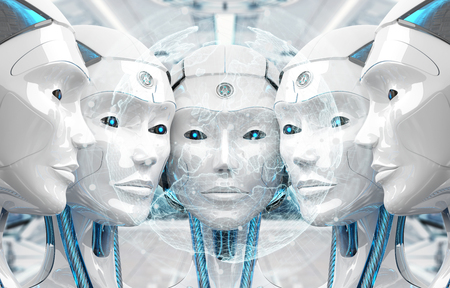 Group of female robots heads watching world map holographic interface 3d renderingの写真素材