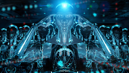 Group of male robots following leader cyborg army concept 3d renderingの写真素材