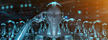 Group of male robots following leader cyborg army concept 3d rendering
