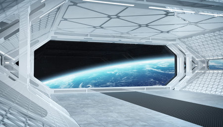 White blue spaceship futuristic interior with window view on planet Earth 3d rendering elements of...