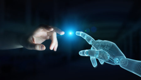 Wireframed Robot hand making contact with human hand on dark background 3D rendering