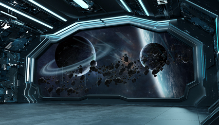 Dark blue spaceship futuristic interior with window view on space and planets 3d renderingの写真素材