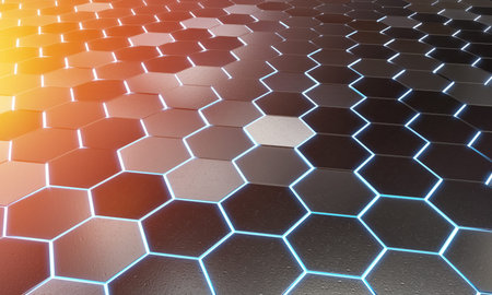 Glowing black blue and orange hexagons background pattern on silver metal surface 3D rendering
