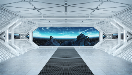 White blue spaceship futuristic interior with window view on space and planets 3d renderingの写真素材