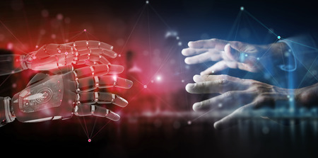 Red robot hand making contact with human hand on dark background 3D renderingの写真素材