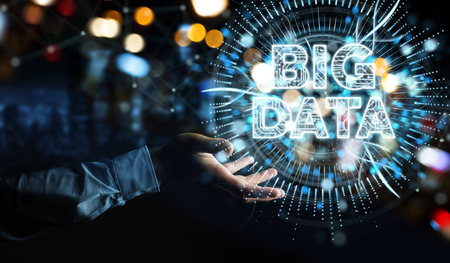 Businessman on blurred background using Big Data digital hologram 3D renderingの写真素材