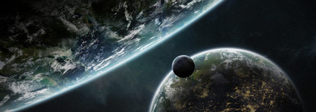 Distant planet system in space with exoplanets during sunrise 3D rendering elements