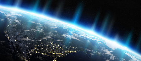 View of blue planet Earth in space with her atmosphere America continent 3D rendering elements