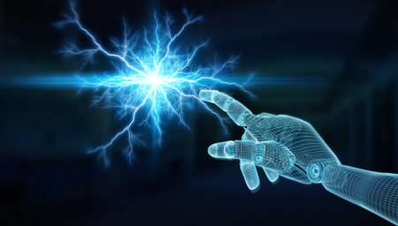 Wireframed blue robot hand touching digital connection network on dark background 3D renderingの写真素材