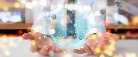 Businessman on blurred background using globe network with digital connection 3D renderingの写真素材