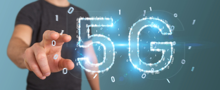 Businessman on blurred background using 5G network digital hologram 3D renderingの写真素材