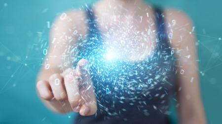 Woman on blurred background creating new futuristic energy power source 3D renderingの写真素材