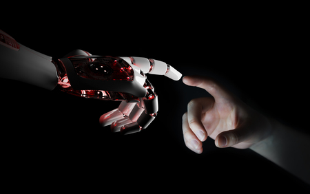 Red robot hand making contact with human hand on dark background 3D renderingの写真素材