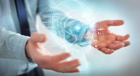 Businessman on blurred background using digital artificial intelligence head interface 3D rendering