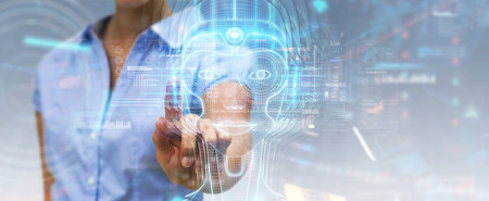 Woman on blurred background using digital artificial intelligence head interface 3D rendering