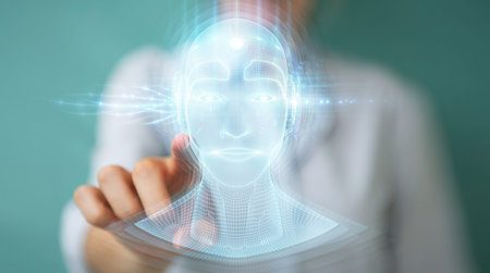 Woman on blurred background using digital artificial intelligence head interface 3D rendering