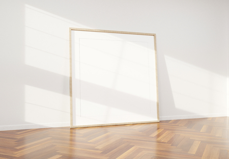 Squared wooden frame leaning in bright white interior with wooden floor mockup 3D renderingの写真素材