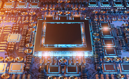 Close-up view of a modern GPU card with circuit and colorful lights and details 3D renderingの写真素材