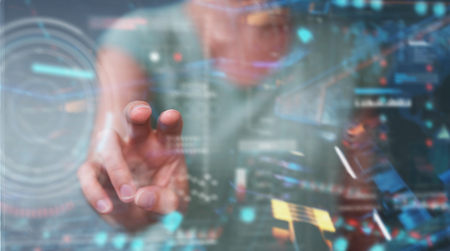 Woman on blurred background using digital technological interface with datas 3D renderingの写真素材