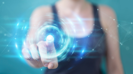 Woman on blurred background creating new futuristic energy power source 3D renderingの写真素材