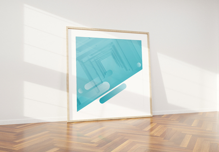 Squared wooden frame leaning in bright white interior with wooden floor mockup 3D renderingの写真素材