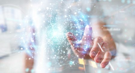 Businessman on blurred background creating renewable and sustainable eco energy with electrical sphere 3D renderingの写真素材