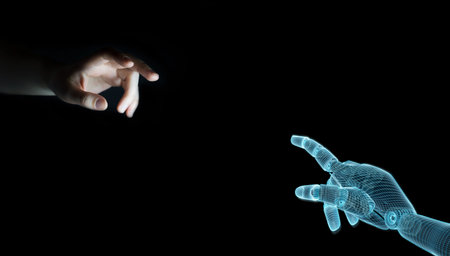Wireframed Robot hand making contact with human hand on dark background 3D rendering